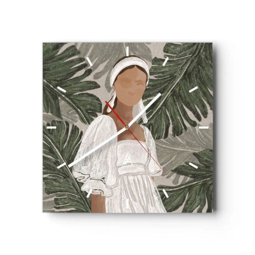 Wanduhr - Glasuhr - Porträt einer Frau in einem weißen Kleid vor einem Hintergrund aus Monstera-Blättern - 30x30cm - Exotisches Porträt - Moderne Wanddekoration für Wohnzimmer und Schlafzimmer ARTTOR