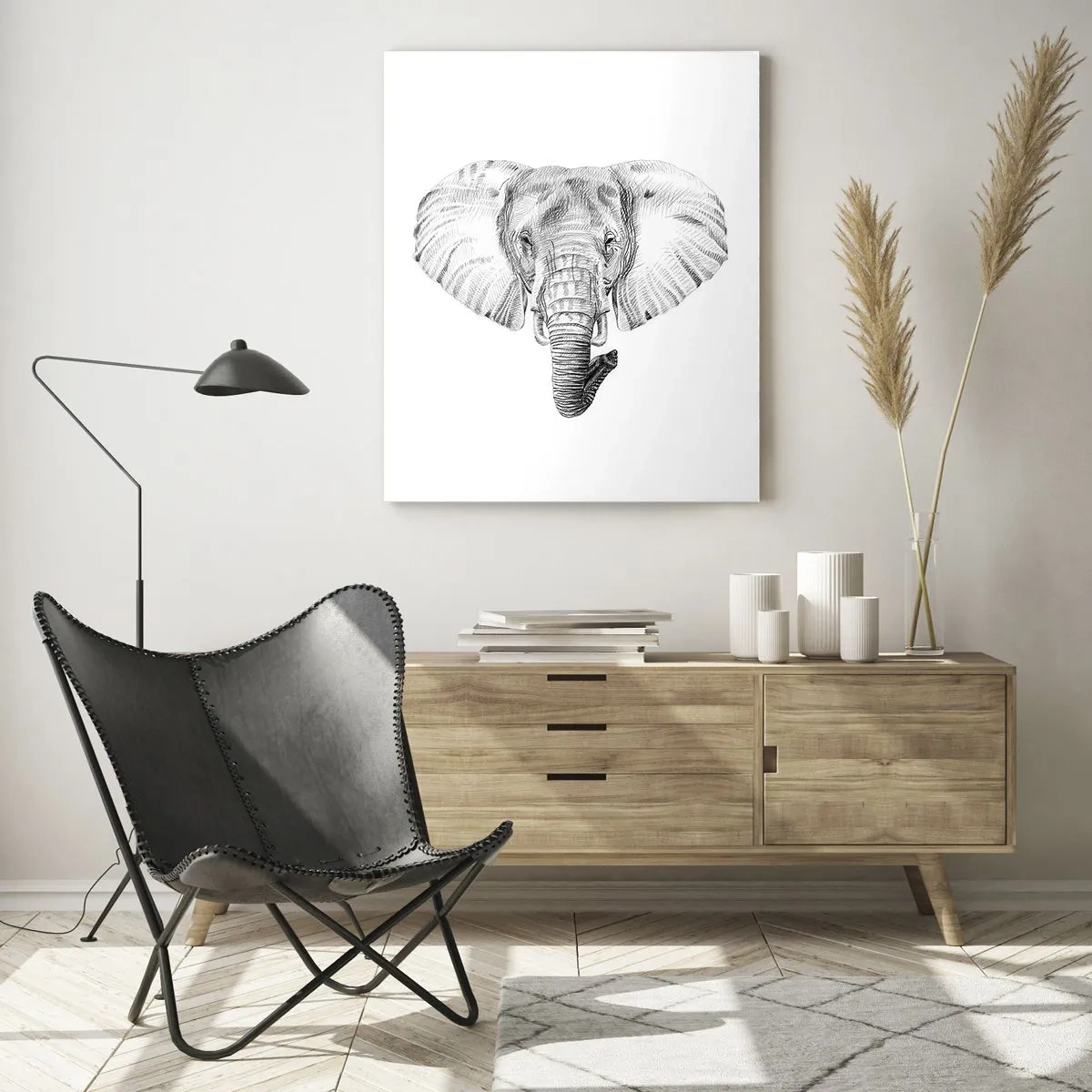Glasbild - Bild auf glas - Schwarz-weiße Zeichnung eines Elefantenkopfes auf weißem Hintergrund - 80x120cm - Da war ein Elefant, so groß wie - ein Elefant - Moderne Wanddekoration für Wohnzimmer und Schlafzimmer ARTTOR