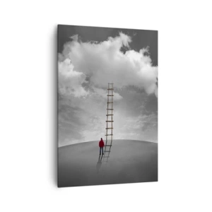 Bild auf Leinwand - Leinwandbild - Eine Person in einem roten Mantel und eine Leiter, die zu einer Wolke führt - 70x100cm - Alles ist möglich - Moderne Wanddekoration für Wohnzimmer und Schlafzimmer ARTTOR