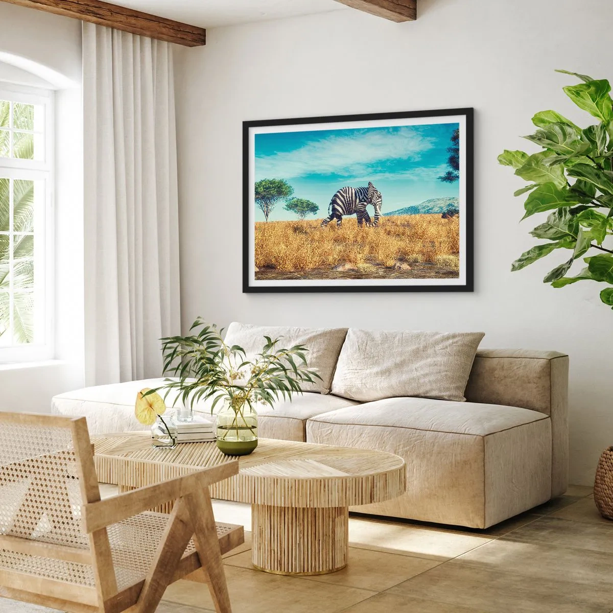 Poster in einem schwarzem Rahmen - Zebra in einer afrikanischen Landschaft - 100x70cm - Grau ist nicht mehr in Mode - Moderne Wanddekoration für Wohnzimmer und Schlafzimmer ARTTOR