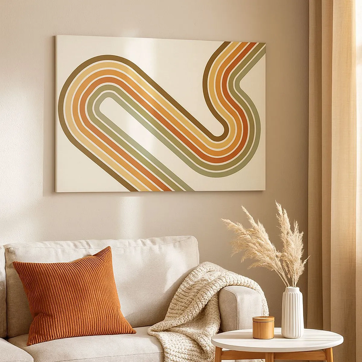 Bild auf Leinwand - Leinwandbild - Geometrisches Muster in Grün-, Orange- und Beigetönen auf hellem Hintergrund - 70x50cm - Zickzack zum Ziel - Moderne Wanddekoration für Wohnzimmer und Schlafzimmer ARTTOR