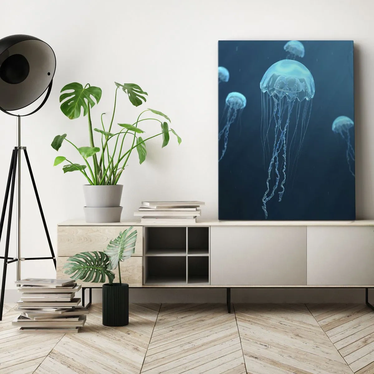 Bild auf Leinwand - Leinwandbild - Quallen schwimmen in den Tiefen des Ozeans in Blautönen - 50x70cm - Ozeantanz - Moderne Wanddekoration für Wohnzimmer und Schlafzimmer ARTTOR