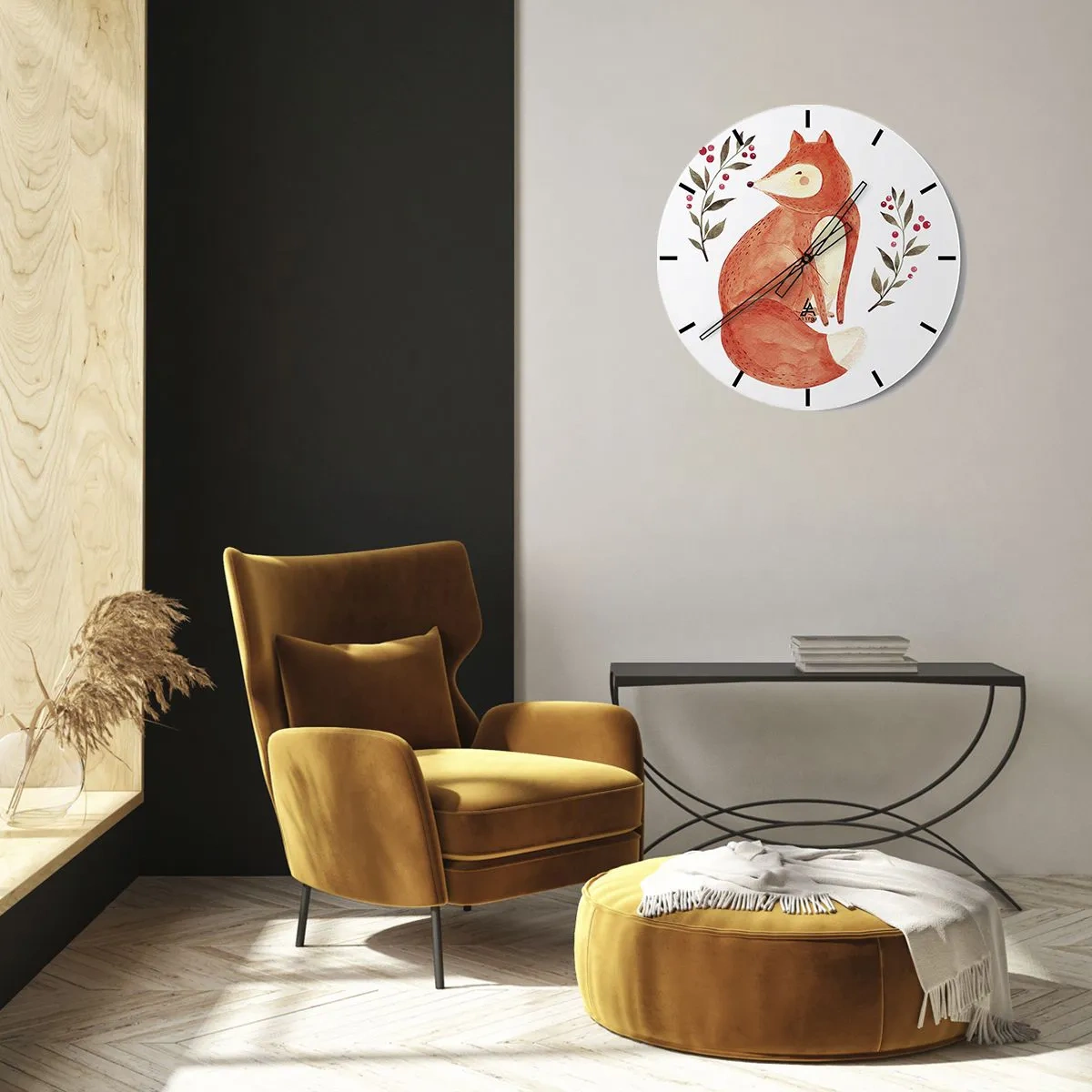 Wanduhr - Glasuhr - Illustration eines Rotfuchses, umgeben von Zweigen mit Beeren - 30x30cm - Kleine Rothaarige - Moderne Wanddekoration für Wohnzimmer, Küche und Schlafzimmer ARTTOR