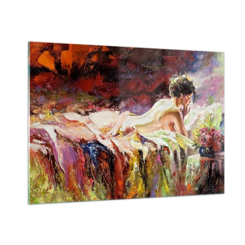 Glasbild - Bild auf glas - Impressionistischer weiblicher Akt auf buntem Stoff - 100x70cm - Venus in Gedanken - Moderne Wanddekoration für Wohnzimmer und Schlafzimmer ARTTOR