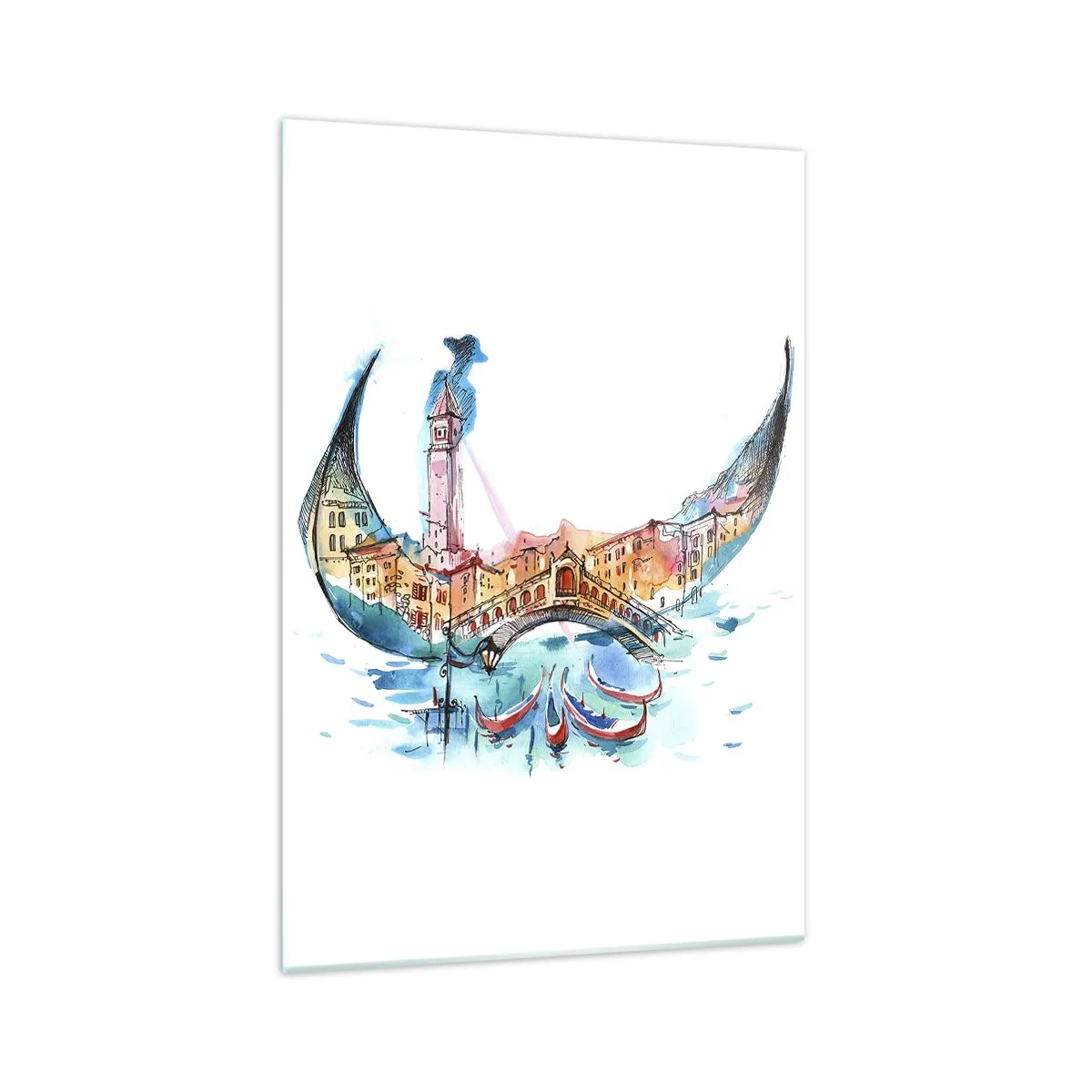 Glasbild - Bild auf glas - Eine Aquarellkomposition von Venedig in Form einer Gondel - 70x100cm - Wir segeln durch die Stadt - Moderne Wanddekoration für Wohnzimmer und Schlafzimmer ARTTOR