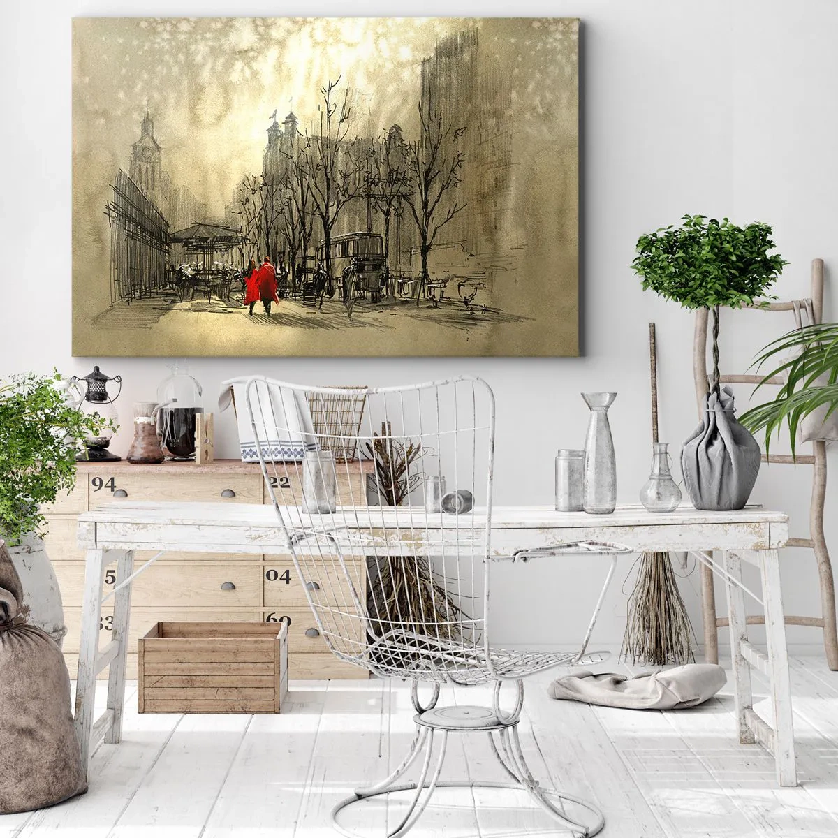 Bild auf Leinwand - Leinwandbild - Eine rote Figur in einer nostalgischen urbanen Umgebung - 70x50cm - Ein Date im Londoner Nebel - Moderne Wanddekoration für Wohnzimmer und Schlafzimmer ARTTOR