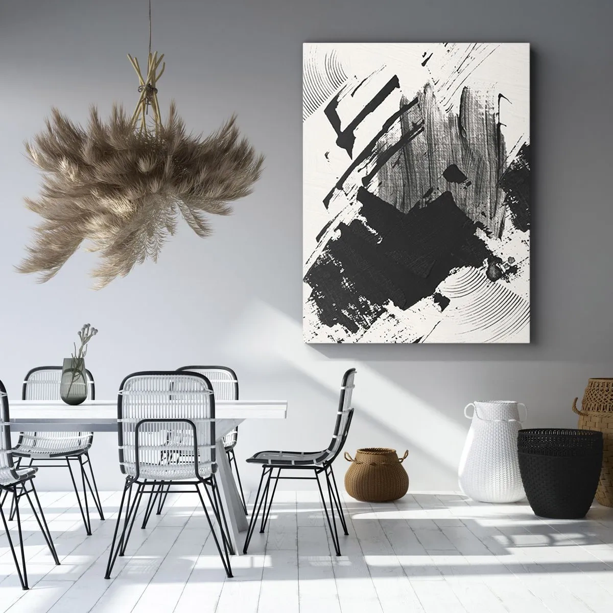 Bild auf Leinwand - Leinwandbild - Abstrakte Striche in Schwarz auf weißem Hintergrund - 50x70cm - Abstraktion – Ausdruck von Schwarz - Moderne Wanddekoration für Wohnzimmer und Schlafzimmer ARTTOR