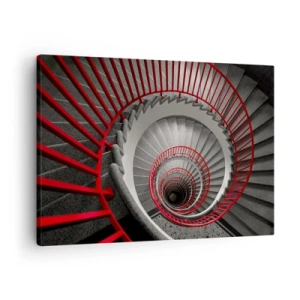 Bild auf Leinwand - Leinwandbild - Wendeltreppe mit roten Handläufen in dynamischer Perspektive - 70x50cm - Architekturspaß - Moderne Wanddekoration für Wohnzimmer und Schlafzimmer ARTTOR