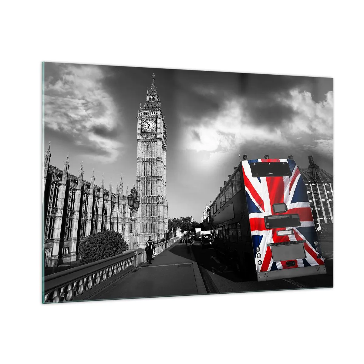 Glasbild - Bild auf glas - Big Ben und ein Bus mit britischer Flagge - 100x70cm - Stolz und toll - Moderne Wanddekoration für Wohnzimmer und Schlafzimmer ARTTOR