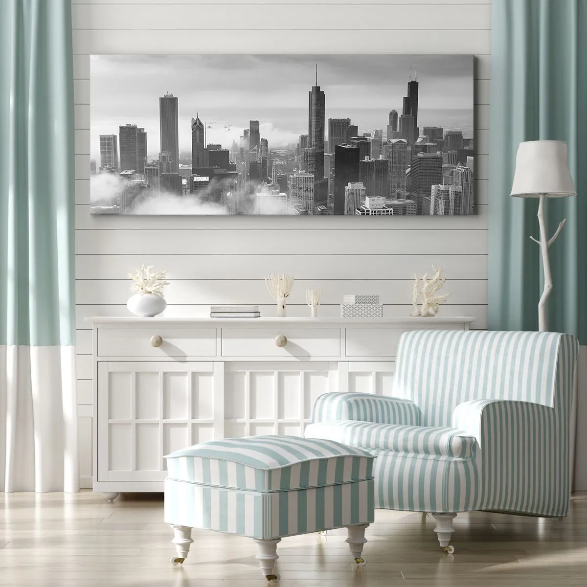 Bild auf Leinwand - Leinwandbild - Stadtpanorama mit Wolkenkratzern in den Wolken in Schwarzweiß - 120x50cm - Amerikanische Landschaft - Moderne Wanddekoration für Wohnzimmer und Schlafzimmer ARTTOR