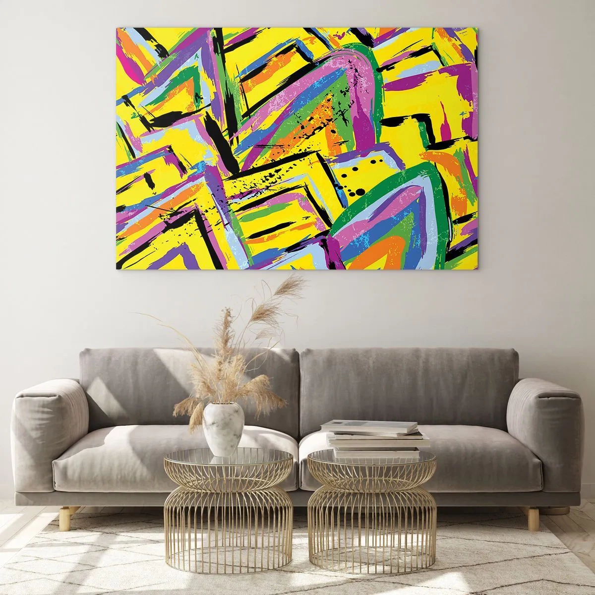 Glasbild - Bild auf glas - Intensive Abstraktion in leuchtenden Farben auf gelbem Hintergrund - 70x50cm - Bis sie vor Freude schreit - Moderne Wanddekoration für Wohnzimmer und Schlafzimmer ARTTOR