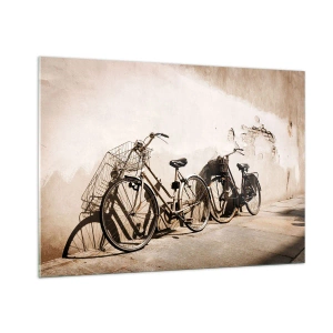 Glasbild - Bild auf glas - Retro-Fahrräder lehnen an einer alten Mauer - 100x70cm - Der unvergessliche Charme der Vergangenheit - Moderne Wanddekoration für Wohnzimmer und Schlafzimmer ARTTOR