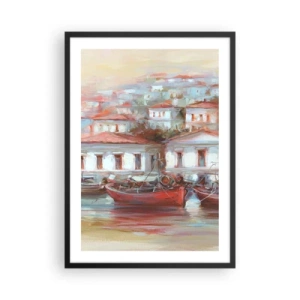Poster in einem schwarzem Rahmen - Eine bunte Stadt mit Booten am Ufer - 50x70cm - Glückliche Stadt - Moderne Wanddekoration für Wohnzimmer und Schlafzimmer ARTTOR