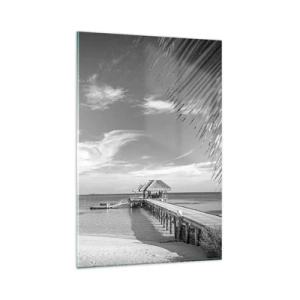 Glasbild - Bild auf glas - Schwarz-weißer Strand mit Pier und Palmen an einer tropischen Küste - 80x120cm - Erinnerung oder Traum? - Moderne Wanddekoration für Wohnzimmer und Schlafzimmer ARTTOR