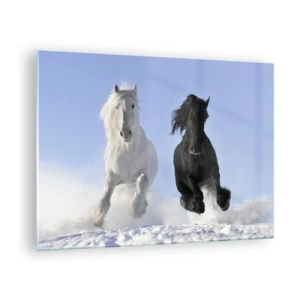 Glasbild - Bild auf glas - Ein schwarz-weißes Pferd, das durch den Schnee in einer Winterlandschaft rennt - 70x50cm - Schwarz-Weiß-Galopp - Moderne Wanddekoration für Wohnzimmer und Schlafzimmer ARTTOR