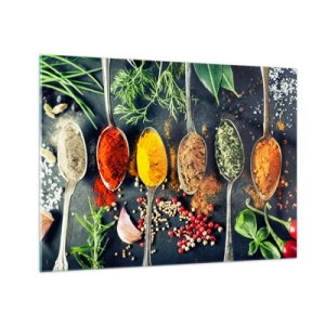 Glasbild - Bild auf glas - Bunte Gewürze in Löffeln, umgeben von frischen Kräutern und Gemüse - 70x50cm - Kulinarische Magie - Moderne Wanddekoration für Wohnzimmer und Schlafzimmer ARTTOR