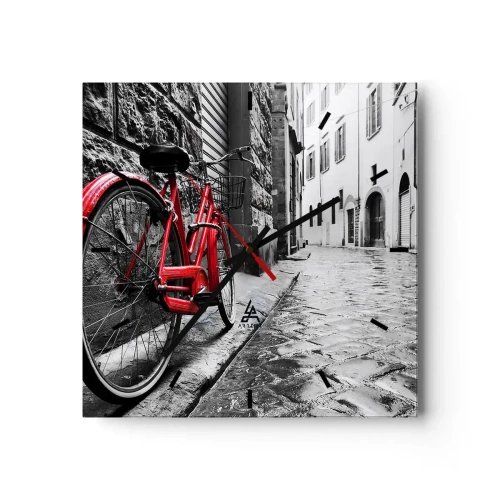 Wanduhr - Glasuhr - Rotes Fahrrad in einer schwarz-weißen Straße - 30x30cm - Wahre Schönheit wird nicht alt - Moderne Wanddekoration für Wohnzimmer und Schlafzimmer ARTTOR