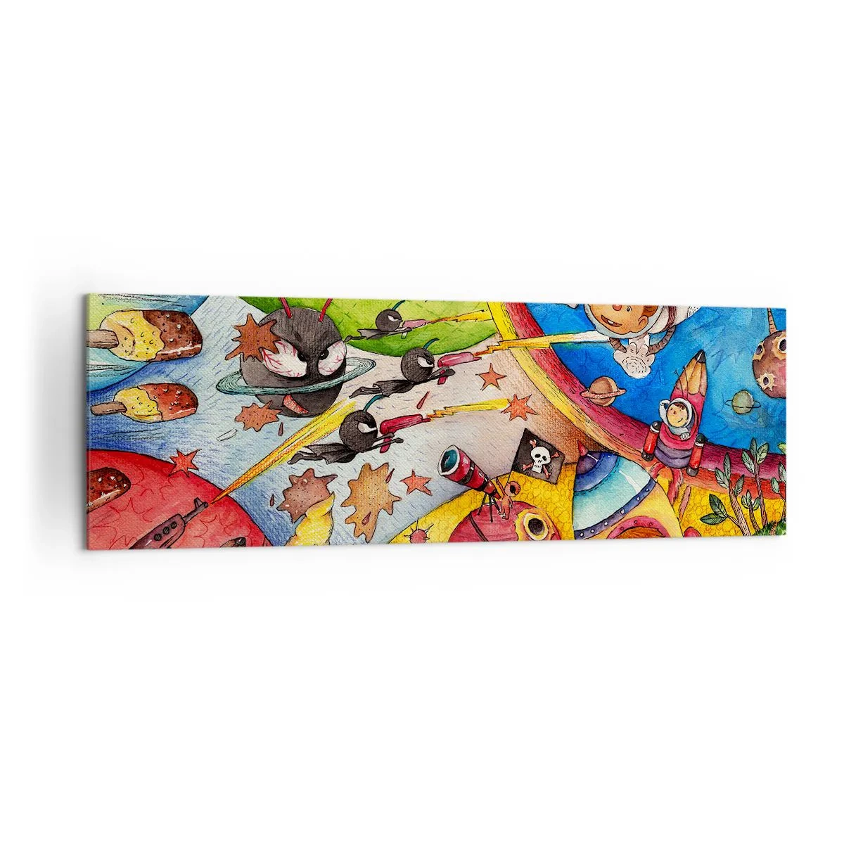 Bild auf Leinwand - Leinwandbild - Eine bunte Weltraumszene voller Kinder und Raumschiffe - 160x50cm - Tolles Weltraumabenteuer - Moderne Wanddekoration für Wohnzimmer und Schlafzimmer ARTTOR