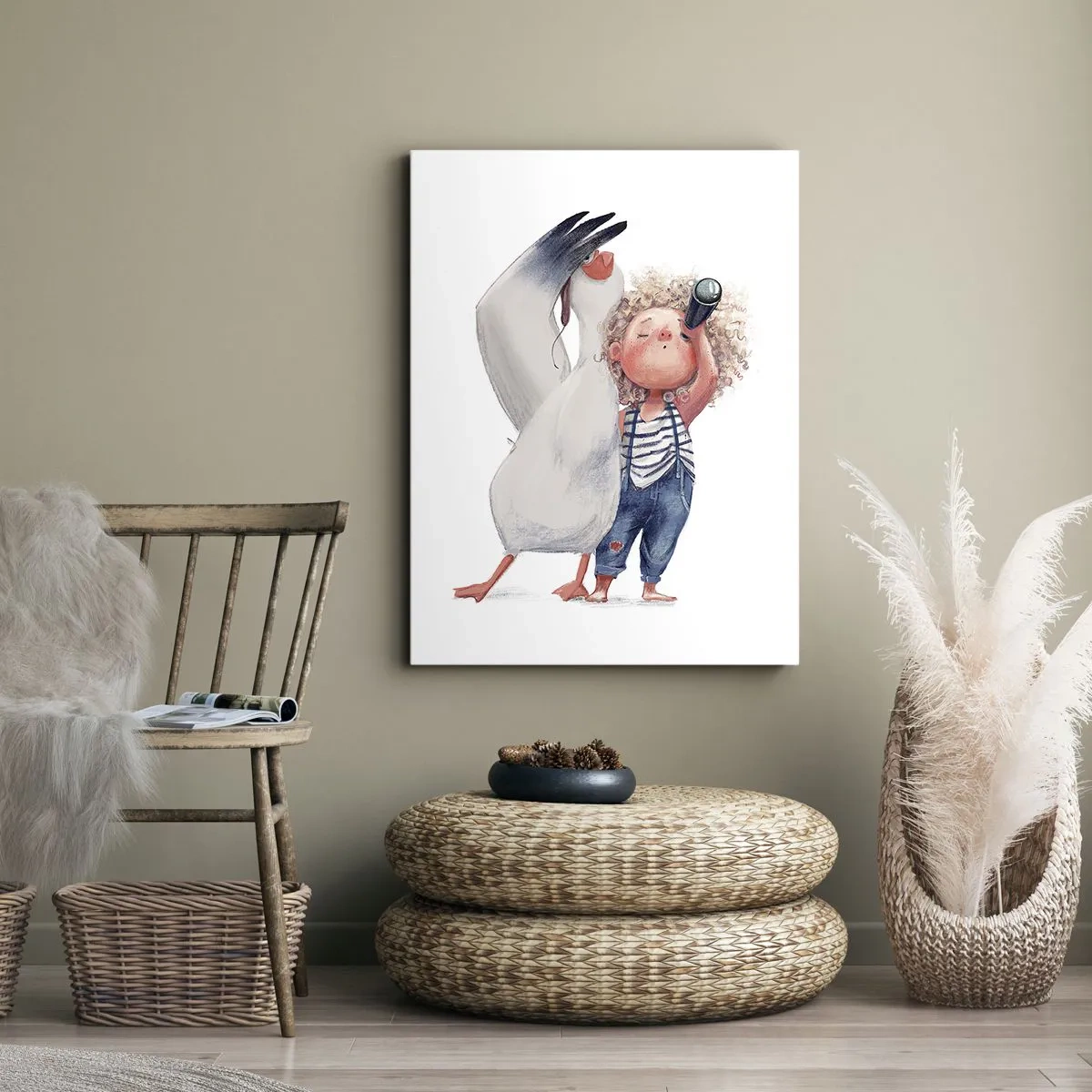 Bild auf Leinwand - Leinwandbild - Illustration eines Kindes mit einem Pelikan und einem Teleskop in der Hand - 50x70cm - Toller Reiseplan - Moderne Wanddekoration für Wohnzimmer und Schlafzimmer ARTTOR
