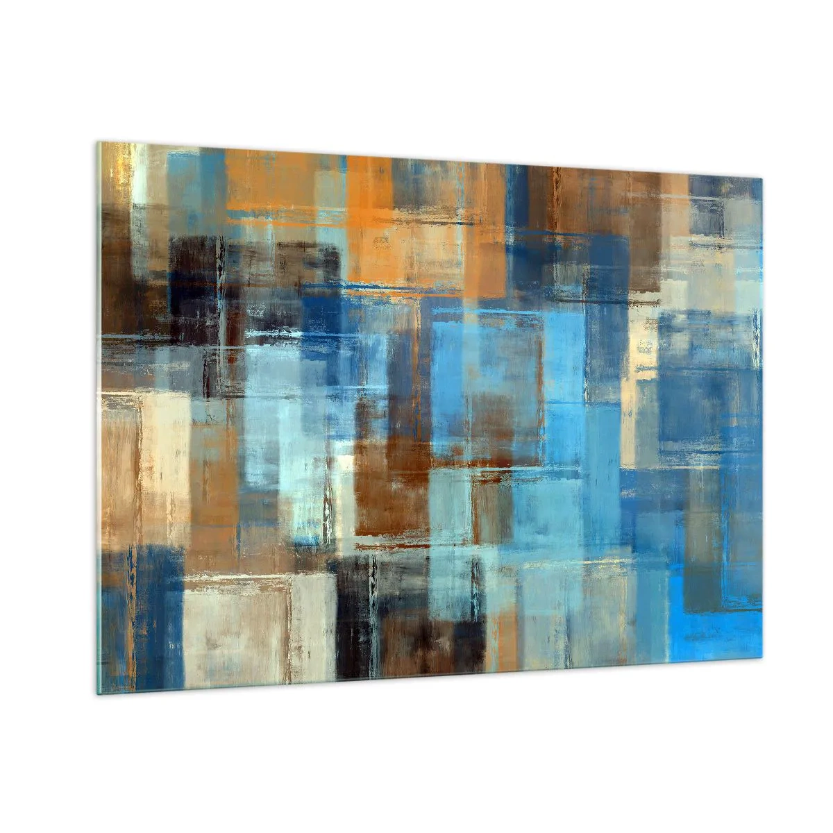 Glasbild - Bild auf glas - Abstrakte geometrische Komposition in Blau- und Brauntönen - 100x70cm - Durch den blauen Schleier - Moderne Wanddekoration für Wohnzimmer und Schlafzimmer ARTTOR