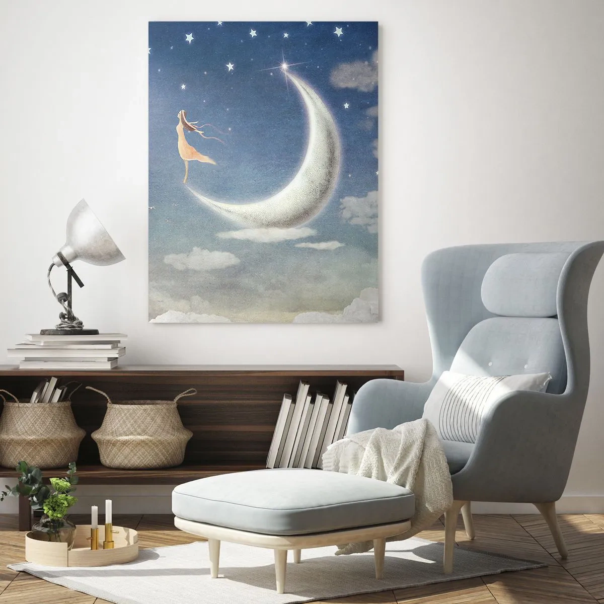 Glasbild - Bild auf glas - Eine Frau in einem wallenden Kleid steht auf dem Mond in einem Sternenhimmel. - 50x70cm - Blauer Freier - Moderne Wanddekoration für Wohnzimmer und Schlafzimmer ARTTOR