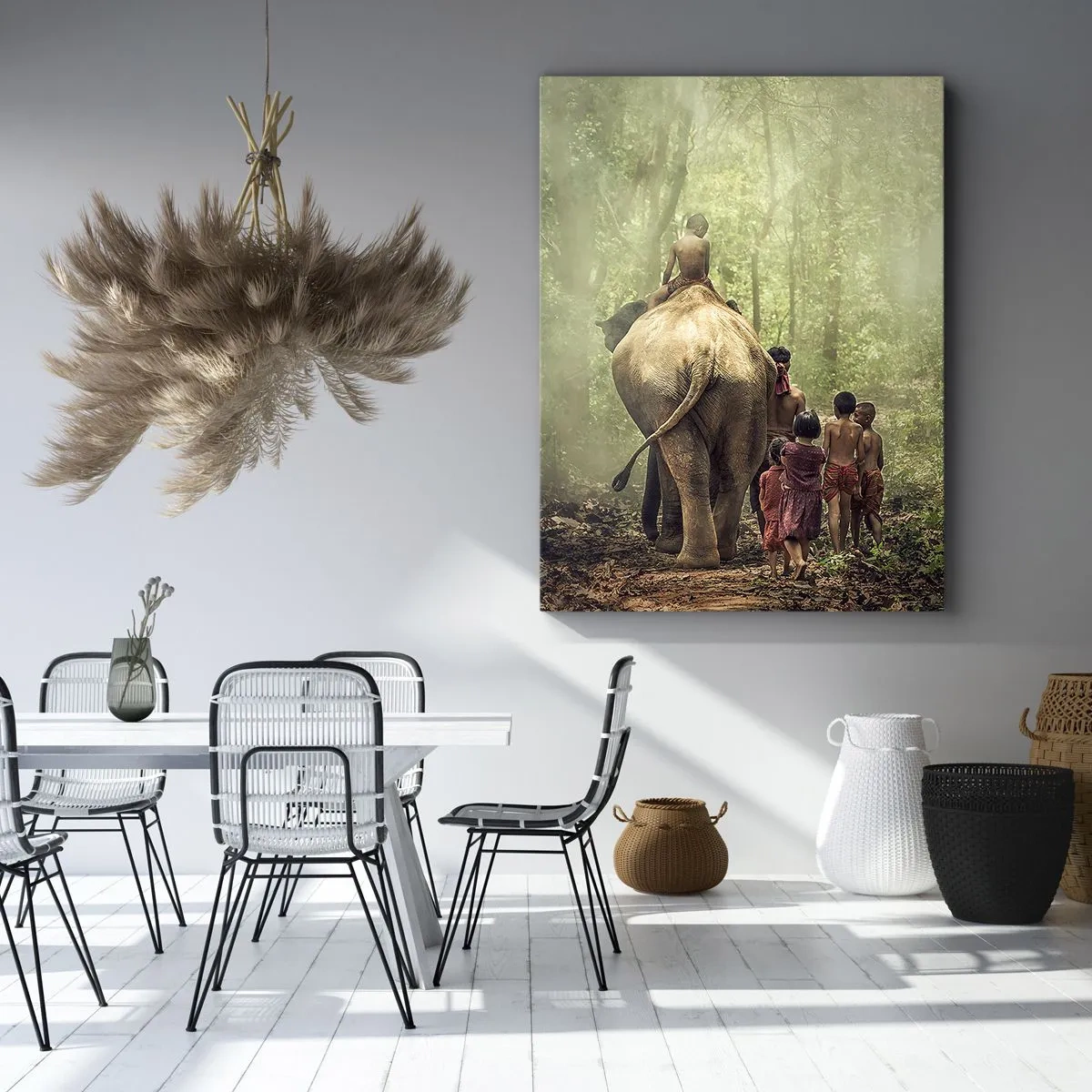 Bild auf Leinwand - Leinwandbild - Kinder mit einem Elefanten in einem grünen Wald im Morgenlicht - 50x70cm - Neues Dschungelbuch - Moderne Wanddekoration für Wohnzimmer und Schlafzimmer ARTTOR