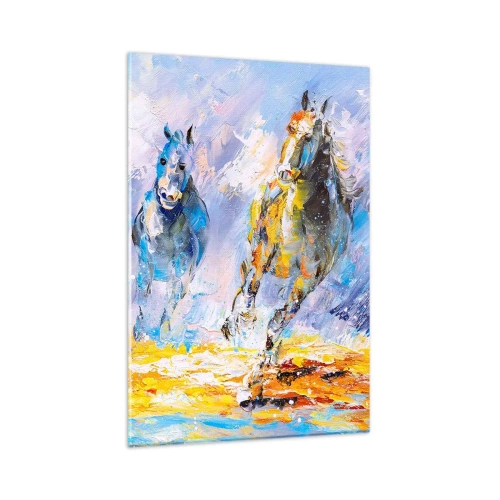 Glasbild - Bild auf glas - Zwei Pferde in Bewegung vor dem Hintergrund einer abstrakten Landschaft - 80x120cm - Galopp durch die Blendung - Moderne Wanddekoration für Wohnzimmer und Schlafzimmer ARTTOR