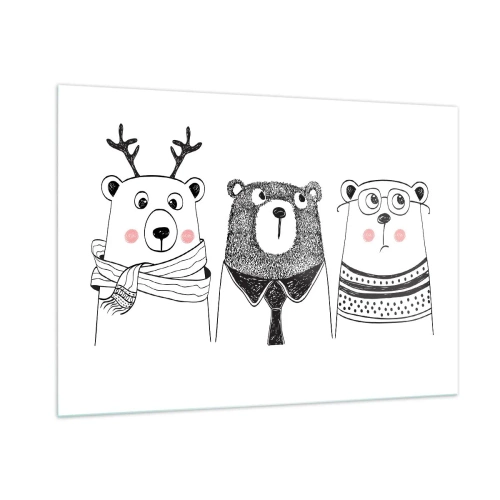 Glasbild - Bild auf glas - Drei lustige Bären in einer Schwarz-Weiß-Illustration - 100x70cm - Teddybär, Teddybär und Bär - Moderne Wanddekoration für Wohnzimmer und Schlafzimmer ARTTOR