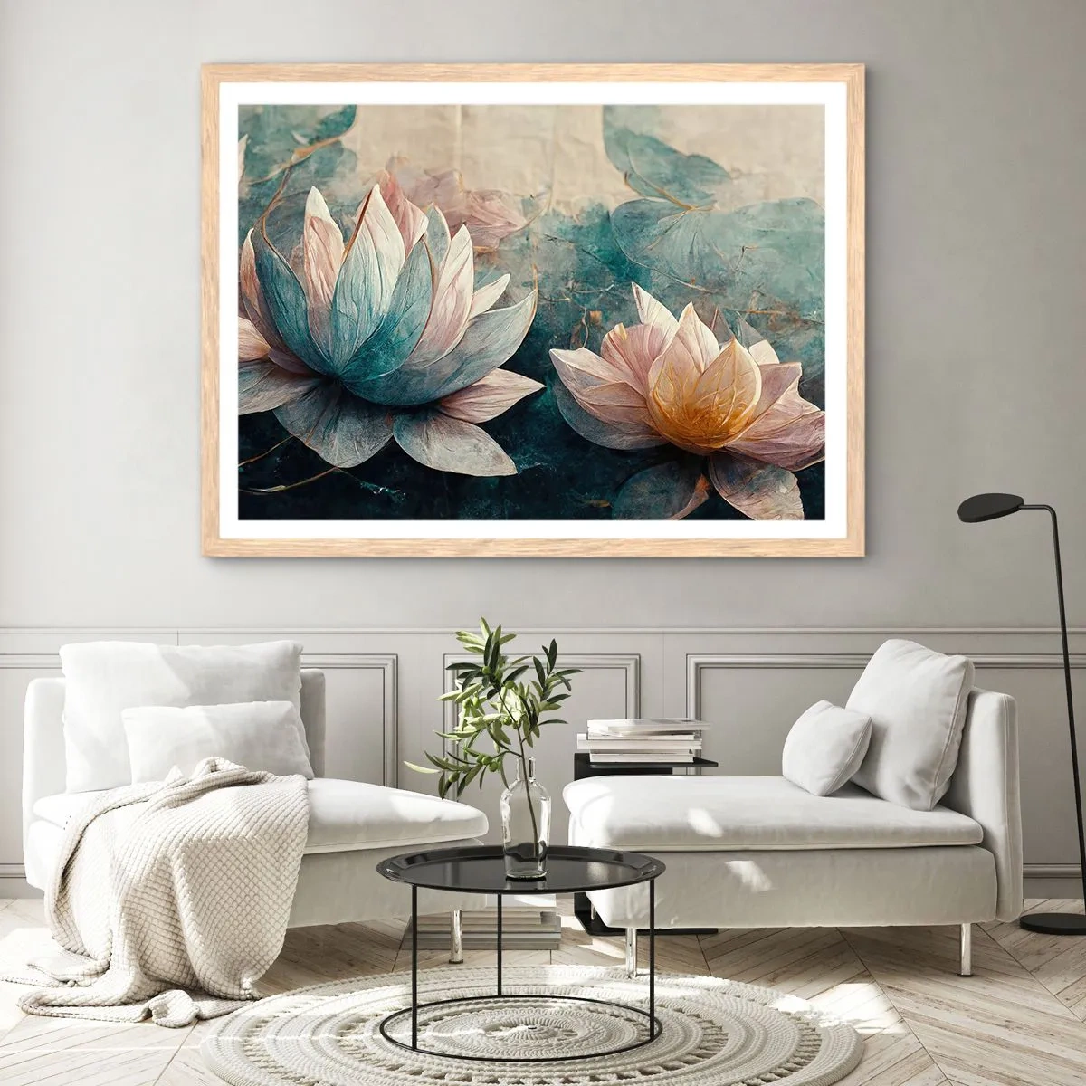 Poster in einem Rahmen aus heller Eiche - Seesterne - 100x70 cm