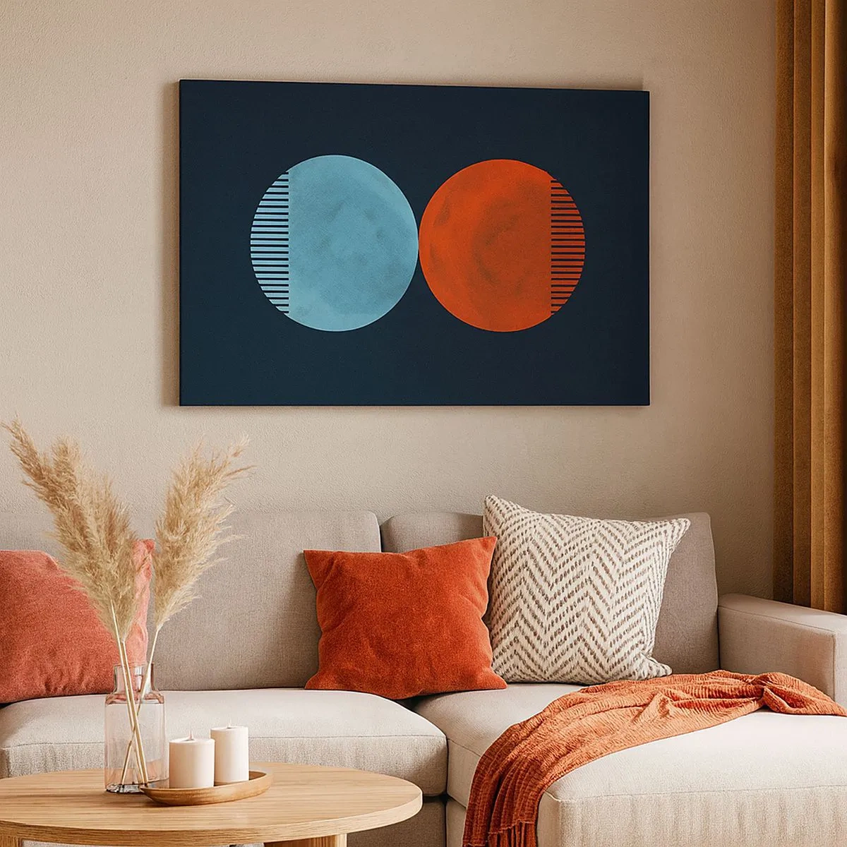 Bild auf Leinwand - Leinwandbild - Minimalistisches Zweirad-Design in Blau und Orange - 70x50cm - Nur Geometrie? - Moderne Wanddekoration für Wohnzimmer und Schlafzimmer ARTTOR
