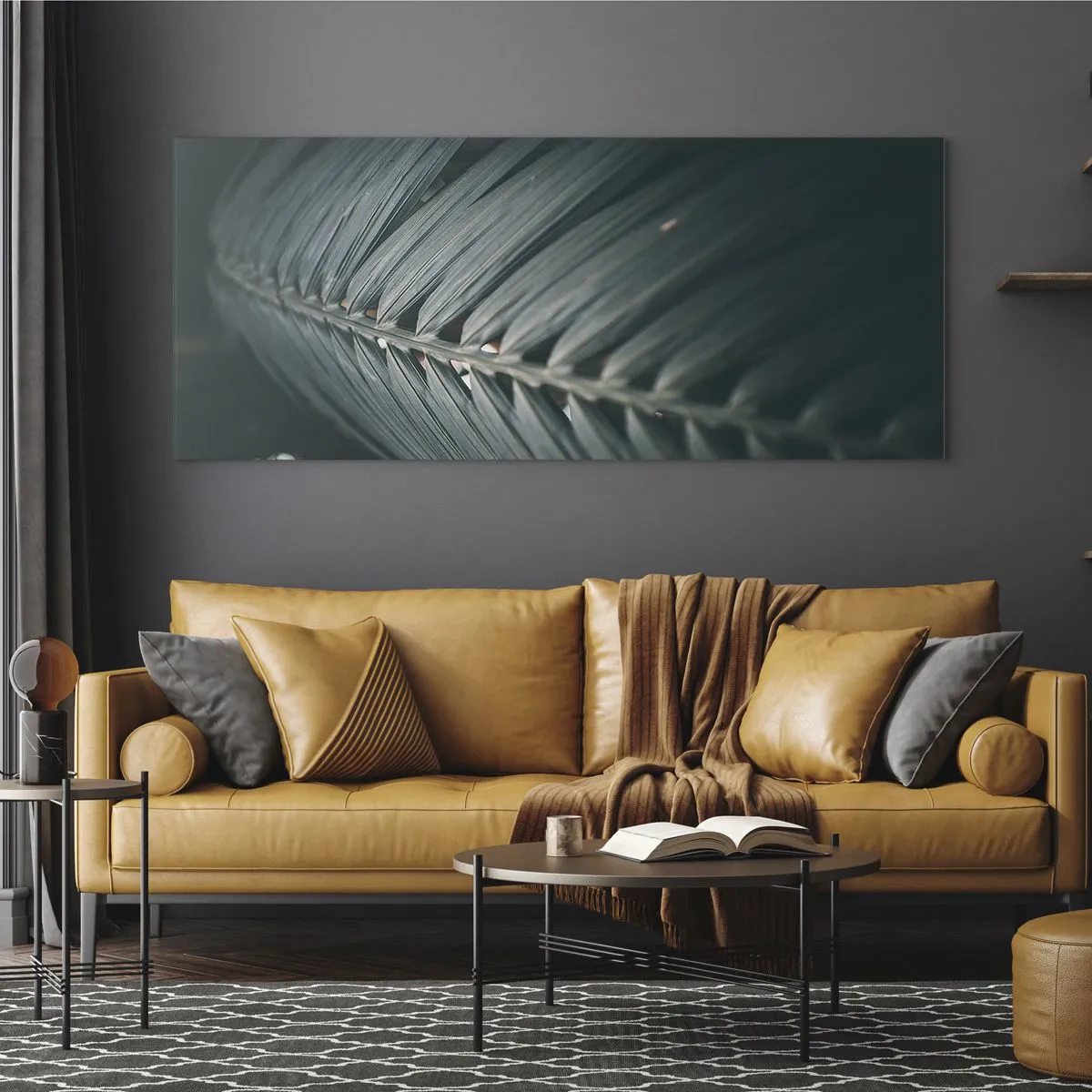 Glasbild - Bild auf glas - Nahaufnahme eines dunkel getönten Palmblattdetails - 120x50cm - Die Präzision der Natur - Moderne Wanddekoration für Wohnzimmer und Schlafzimmer ARTTOR