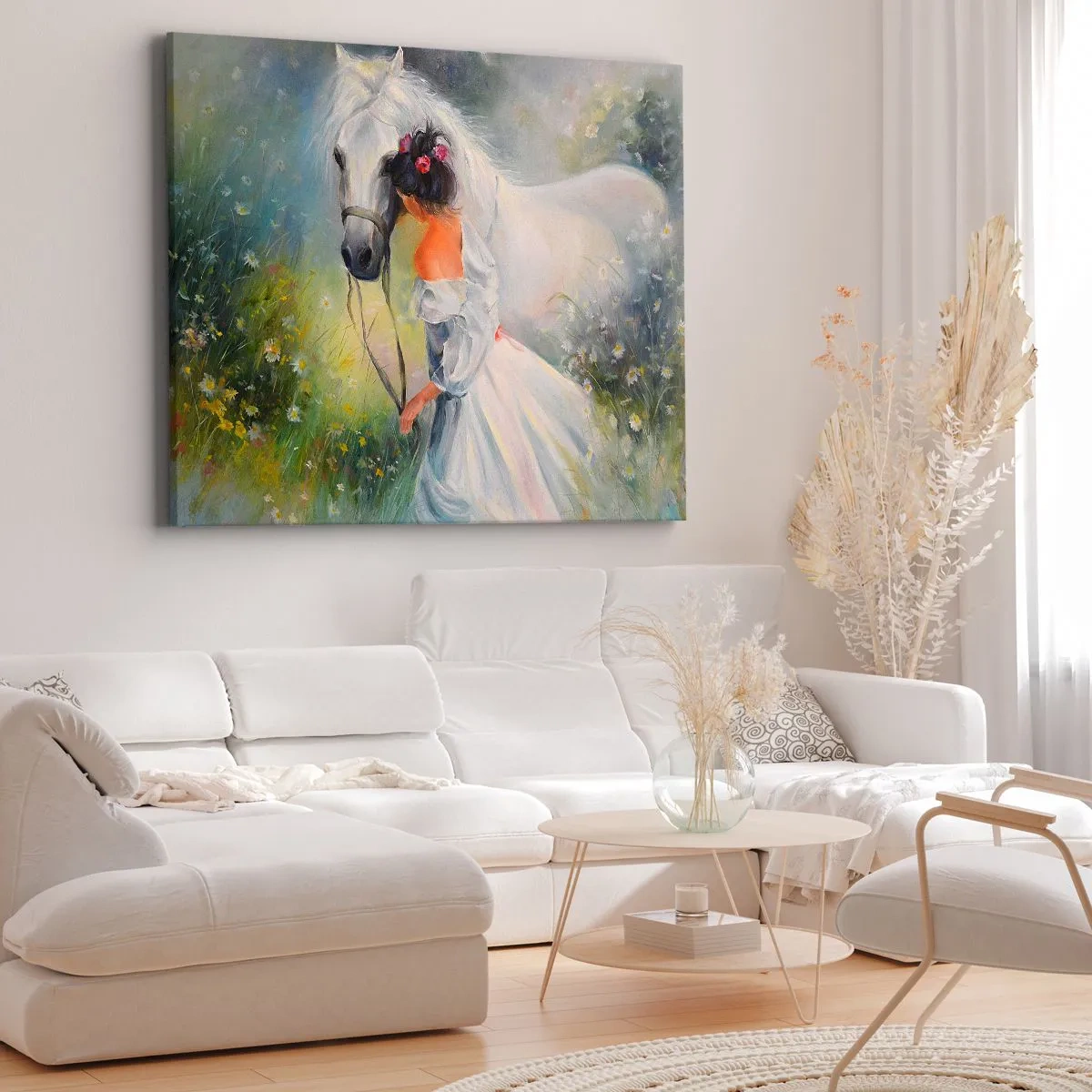 Bild auf Leinwand - Leinwandbild - Eine Frau mit einem weißen Pferd in einer malerischen Umgebung - 70x50cm - Wie aus einem schönen Traum - Moderne Wanddekoration für Wohnzimmer und Schlafzimmer ARTTOR