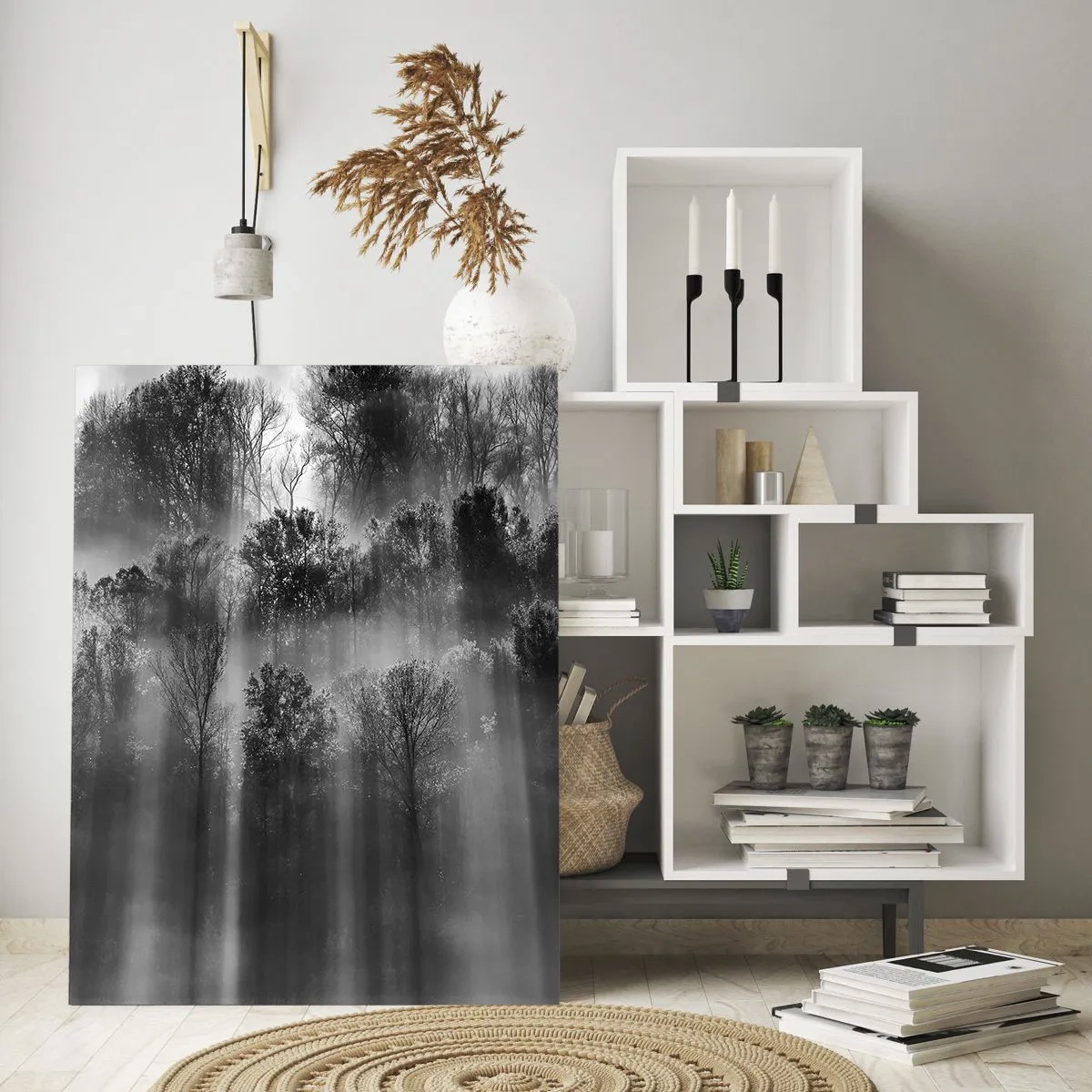 Glasbild - Bild auf glas - Schwarz-weißer Wald im Morgenlicht - 80x120cm - In Lichtstrahlen - Moderne Wanddekoration für Wohnzimmer und Schlafzimmer ARTTOR