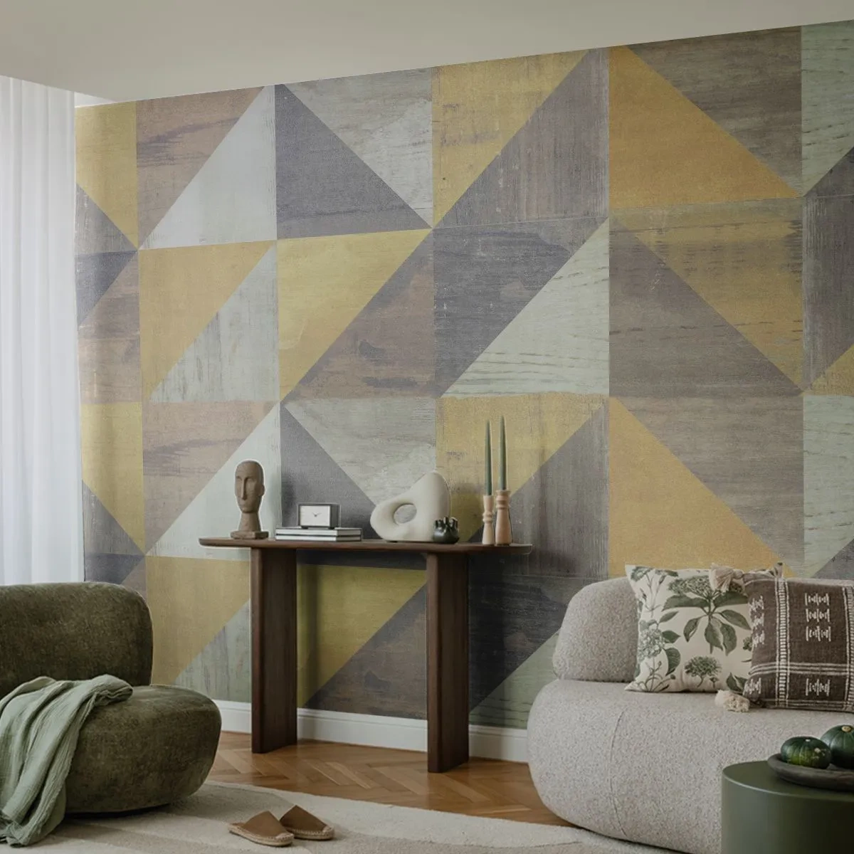 Fototapete Premium Canvas - Am Winkel des Dreiecks - Abstraktion, Stück, Dreiecke - 450x315 cm