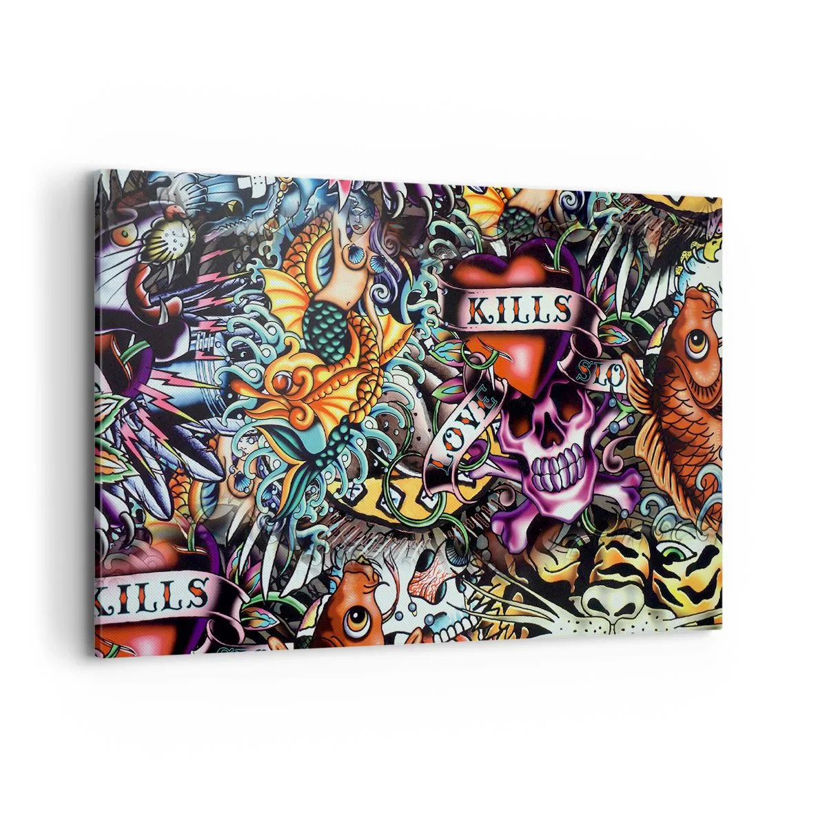 Bild auf Leinwand - Leinwandbild - Farbenfrohe Kunstwerke im Tattoo-Stil mit Totenköpfen und nautischen Motiven - 120x80cm - Der Traum des Tätowierers - Moderne Wanddekoration für Wohnzimmer und Schlafzimmer ARTTOR