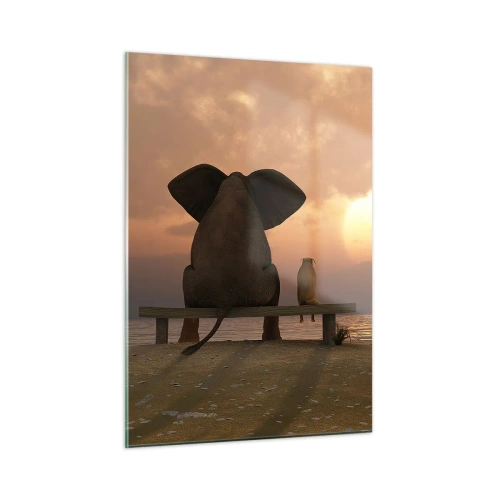 Glasbild - Bild auf glas - Elefant und Hund auf einer Bank bei Sonnenuntergang - 50x70cm - Es tut gut zusammen zu schweigen - Moderne Wanddekoration für Wohnzimmer und Schlafzimmer ARTTOR