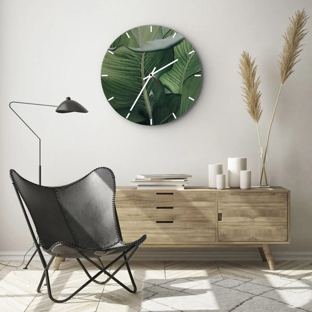 Wanduhr - Glasuhr - Nahaufnahme von intensiv grünen tropischen Blättern - 30x30cm - Intensiv grünes Leben - Moderne Wanddekoration für Wohnzimmer, Küche und Schlafzimmer ARTTOR