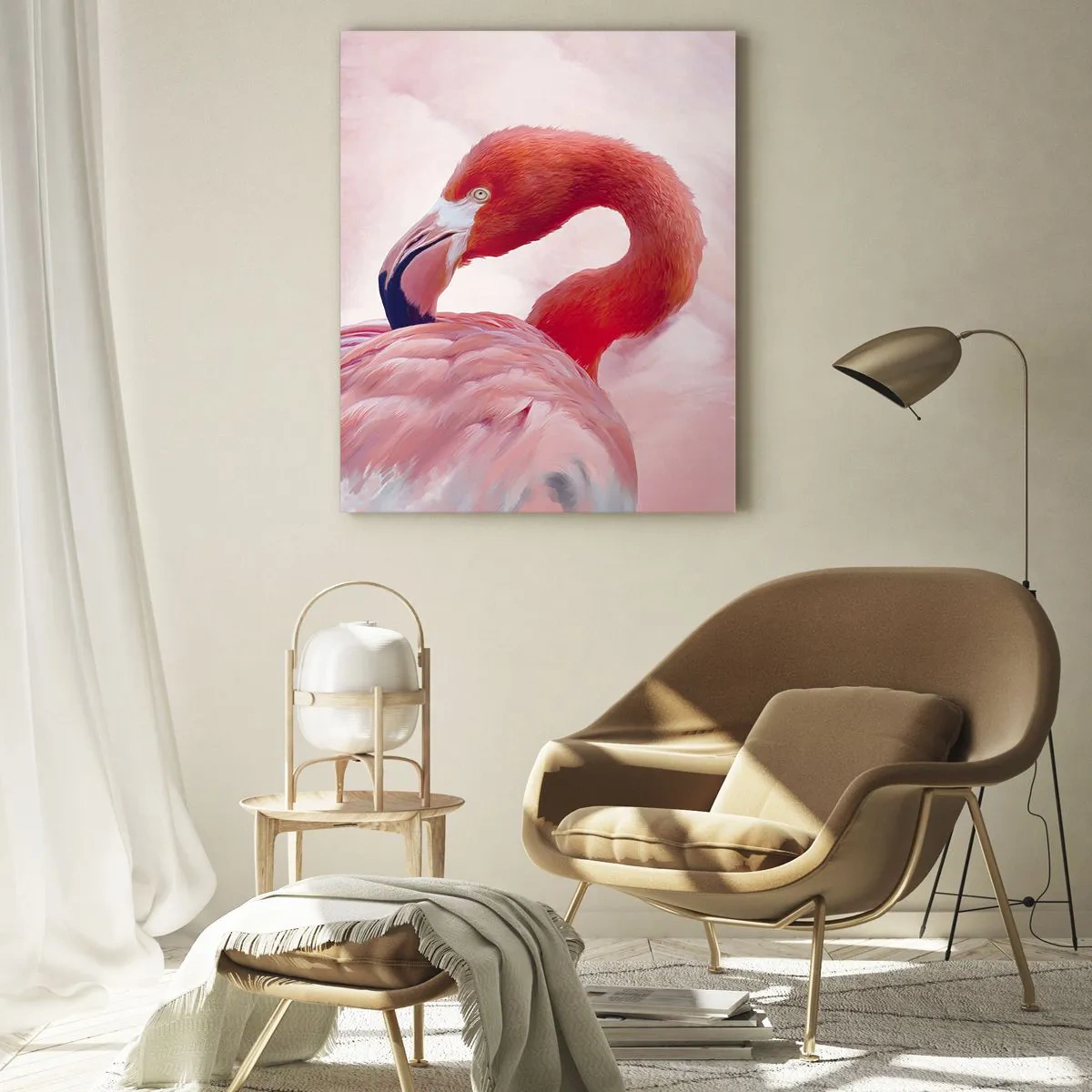 Glasbild - Bild auf glas - Ein Flamingo in Rosatönen auf hellem Hintergrund - 80x120cm - Vogel Schönheit - Moderne Wanddekoration für Wohnzimmer und Schlafzimmer ARTTOR