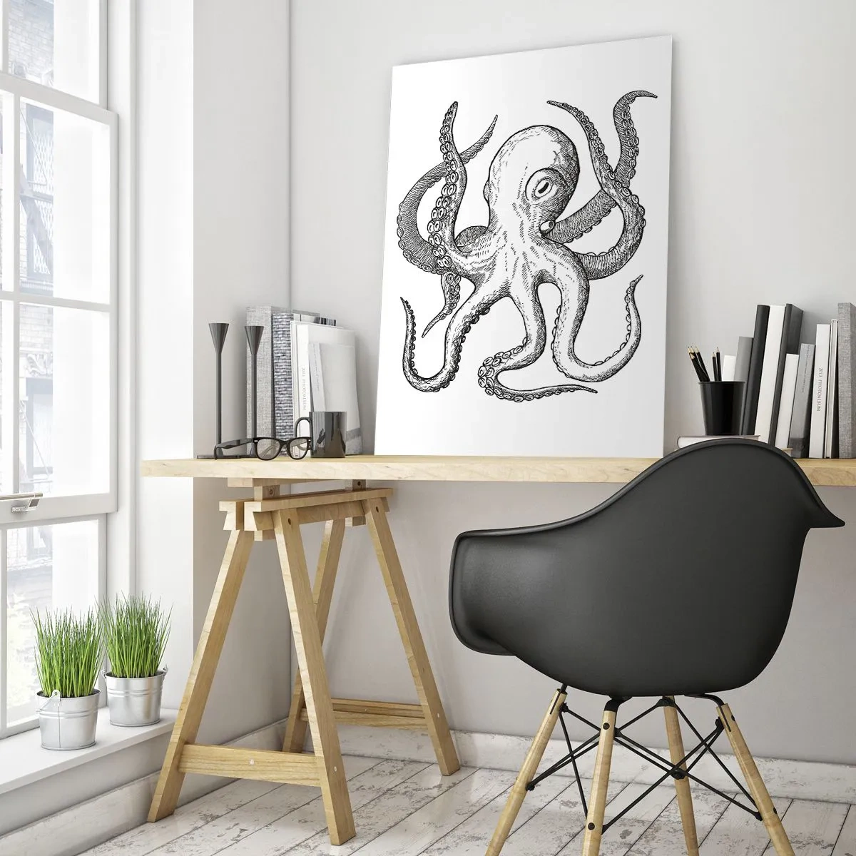 Glasbild - Bild auf glas - Schwarz-weiße Zeichnung eines Oktopus auf weißem Hintergrund - 50x70cm - Mit den Wellen tanzen - Moderne Wanddekoration für Wohnzimmer und Schlafzimmer ARTTOR