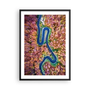 Poster in einem schwarzem Rahmen - Eine kurvenreiche Straße in einem herbstlichen Wald aus der Vogelperspektive gesehen - 50x70cm - Kurvenreicher Weg durch den Wald - Moderne Wanddekoration für Wohnzimmer und Schlafzimmer ARTTOR