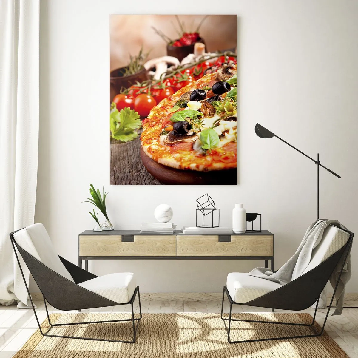 Glasbild - Bild auf glas - Pizza mit Oliven, Basilikum und frischen Zutaten auf Holzhintergrund - 70x100cm - Aus den tellurischen Zutaten - Moderne Wanddekoration für Wohnzimmer und Schlafzimmer ARTTOR