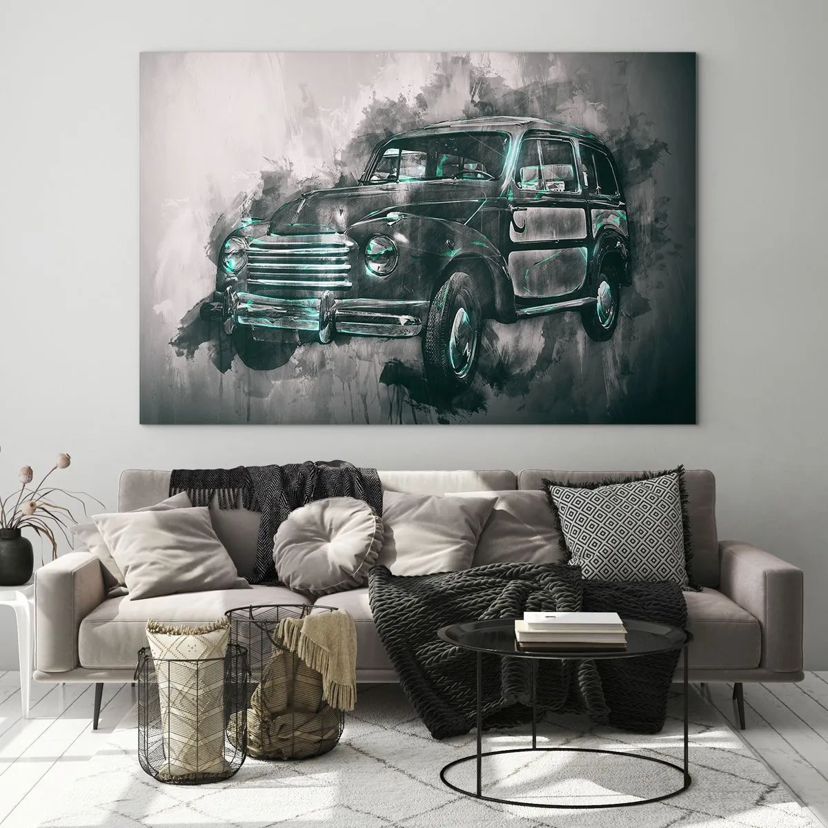 Glasbild - Bild auf glas - Ein altes Auto in Grau- und Türkistönen - 70x50cm - Geehrter Vorfahr - Moderne Wanddekoration für Wohnzimmer und Schlafzimmer ARTTOR