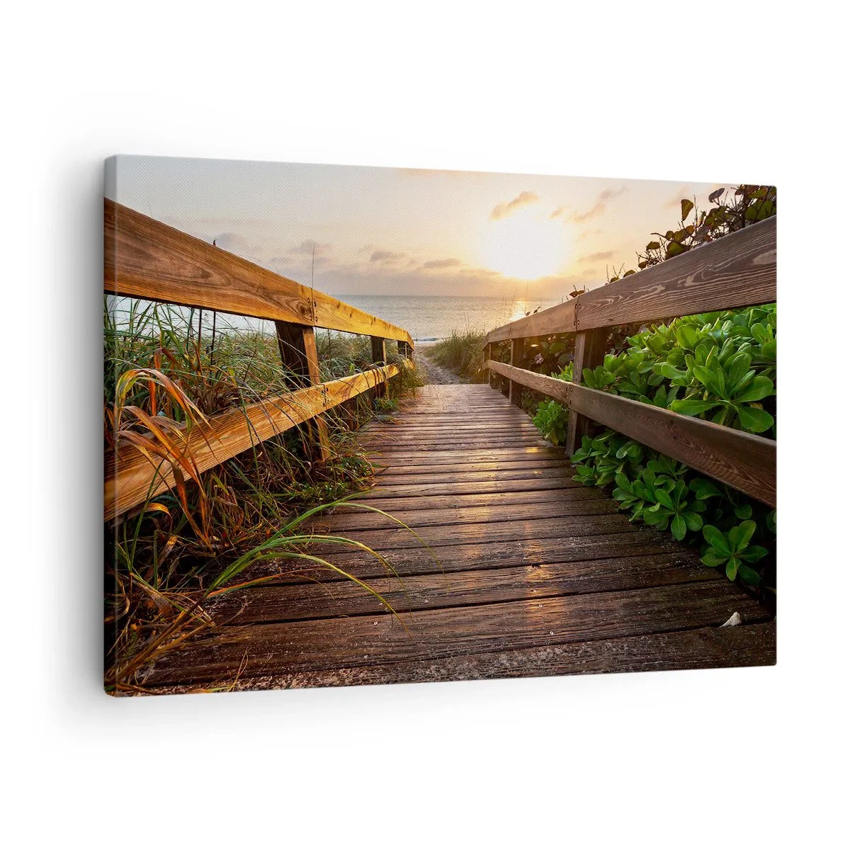 Bild auf Leinwand - Leinwandbild - Holzsteg zum Strand bei Sonnenuntergang - 70x50cm - Und direkt ans Ufer - Moderne Wanddekoration für Wohnzimmer und Schlafzimmer ARTTOR