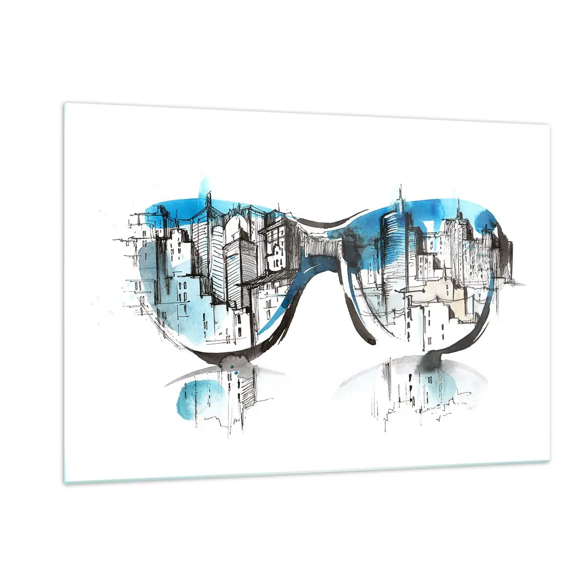 Glasbild - Bild auf glas - Das Stadtpanorama spiegelt sich in der Sonnenbrille - 120x80cm - Großstadt-Chic - Moderne Wanddekoration für Wohnzimmer und Schlafzimmer ARTTOR
