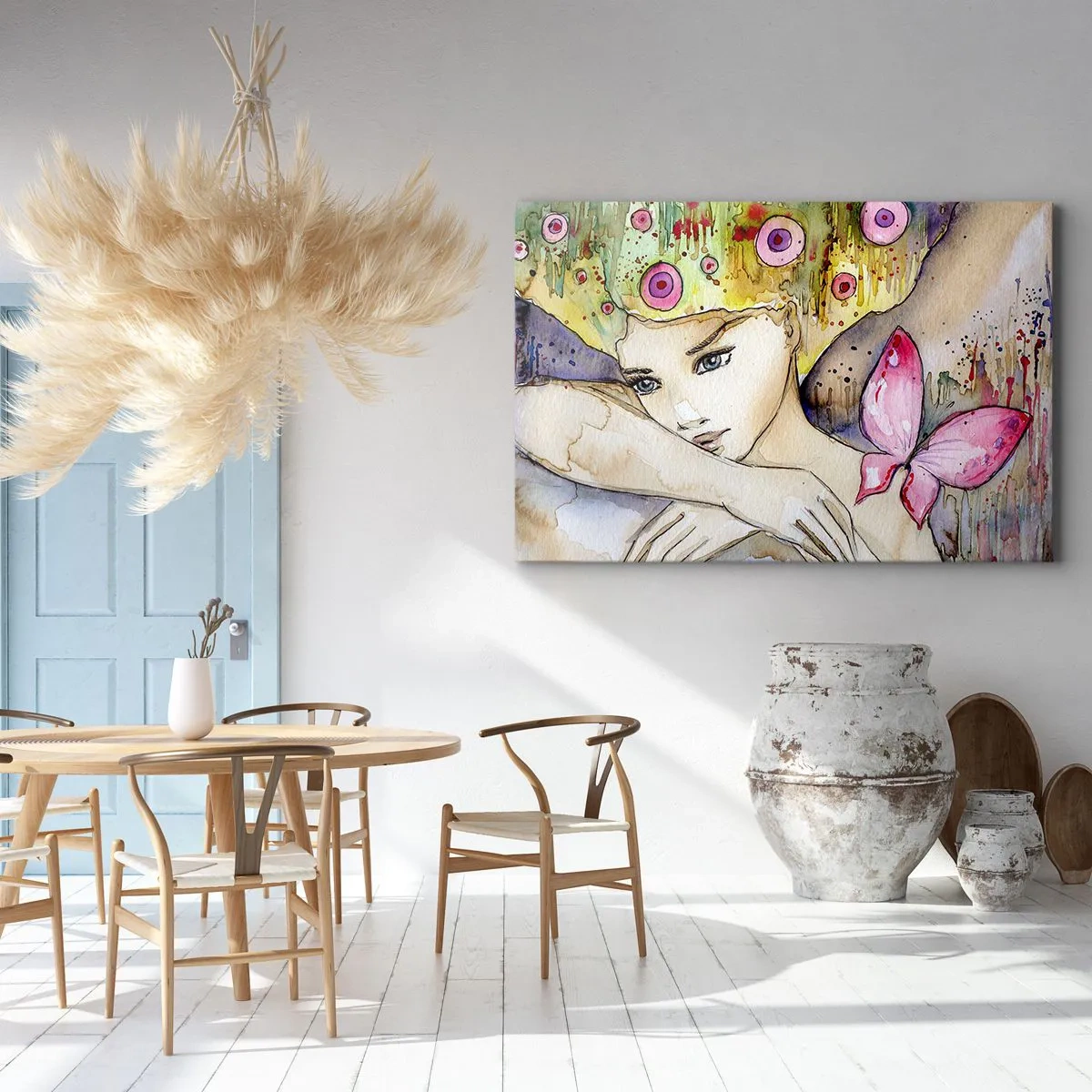 Bild auf Leinwand - Leinwandbild - Eine Frau mit abstrakter Frisur und einem rosa Schmetterling - 120x80cm - Schmetterlingsprinzessin - Moderne Wanddekoration für Wohnzimmer und Schlafzimmer ARTTOR