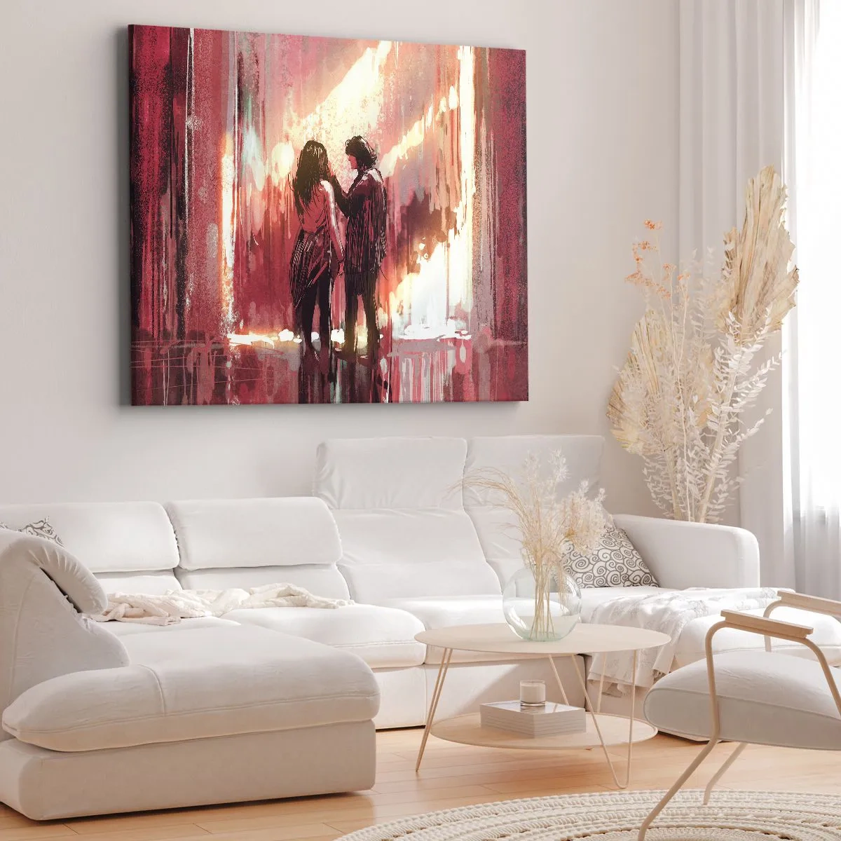 Bild auf Leinwand - Leinwandbild - Ein Paar steht in warmem Licht vor einem Hintergrund aus abstrakten Mustern - 70x50cm - Das ewige Schauspiel der Liebe - Moderne Wanddekoration für Wohnzimmer und Schlafzimmer ARTTOR