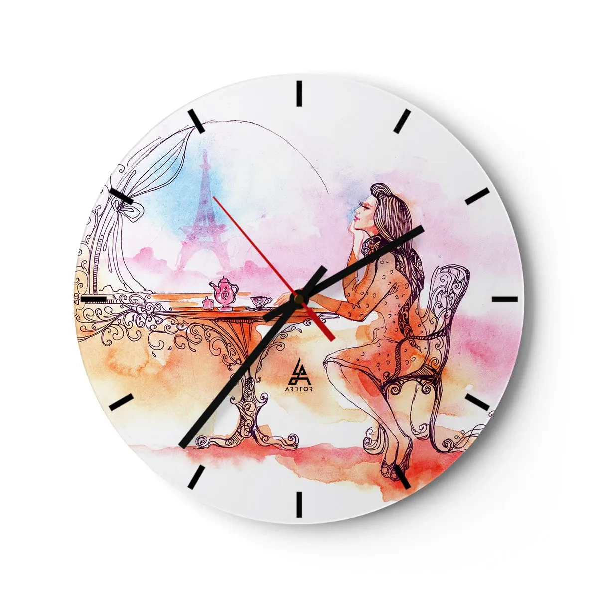 Wanduhr - Glasuhr - Eine Frau an einem Tisch mit Blick auf den Eiffelturm in Pastellfarben - 30x30cm - Pariser Chic - Moderne Wanddekoration für Wohnzimmer, Küche und Schlafzimmer ARTTOR