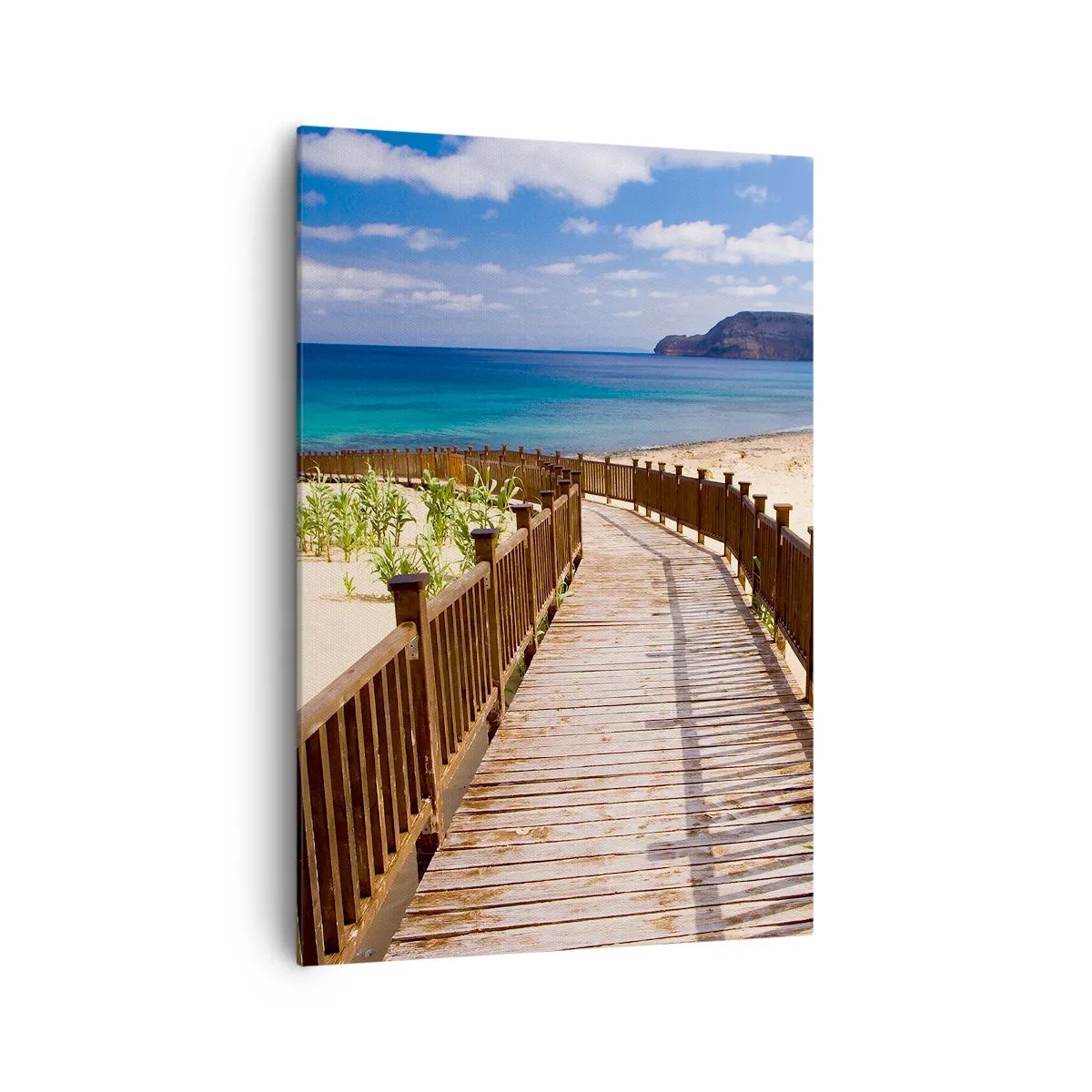 Bild auf Leinwand - Leinwandbild - Holzweg zum Strand mit Meerblick - 70x100cm - Bring mich zu den glücklichen Inseln - Moderne Wanddekoration für Wohnzimmer und Schlafzimmer ARTTOR
