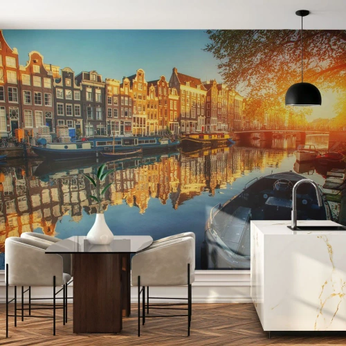 Selbstklebende Fototapete Deluxe Sticker - Morgen in Amsterdam - Stadt, Amsterdam, Die Architektur - 350x256 cm