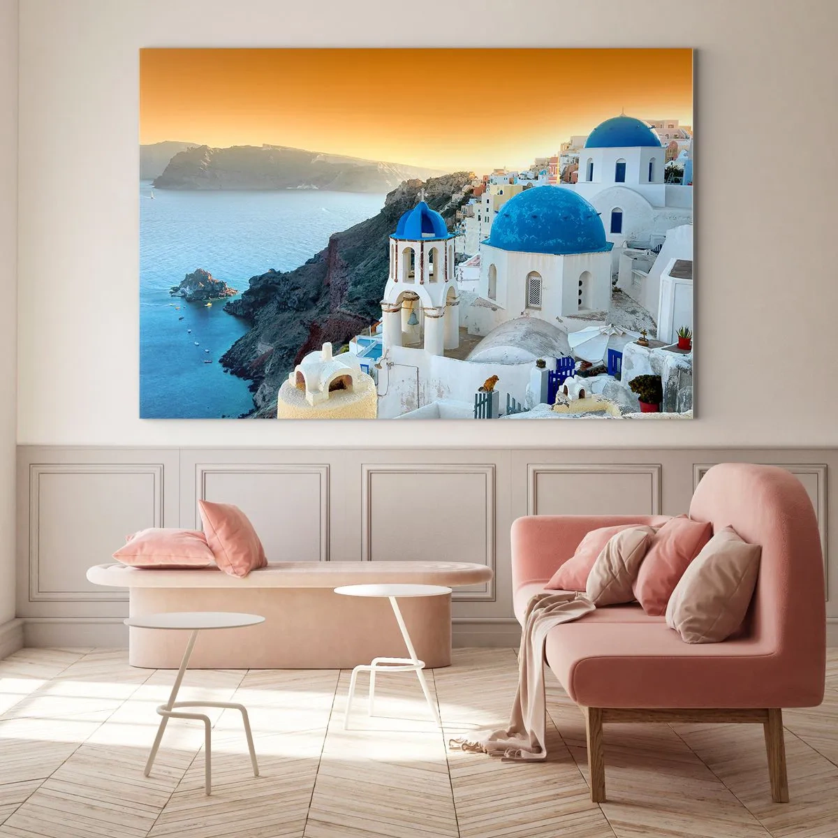 Glasbild - Bild auf glas - Blick auf Santorin mit seinen blauen Kuppeln und Klippen - 100x70cm - Santorini - an die Felsen gekuschelt - Moderne Wanddekoration für Wohnzimmer und Schlafzimmer ARTTOR